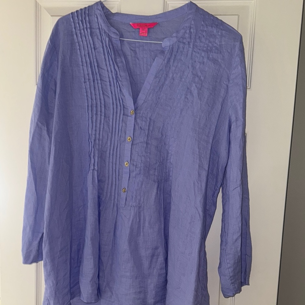 Lilly Pulitzer Purple Mandarin Collar Blouse with 3/4 Sleeves